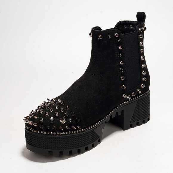 Women's Black Studded Goth Punk Spiky Bold Design Chunky Heel Comfort Boot - Picture 5 of 7